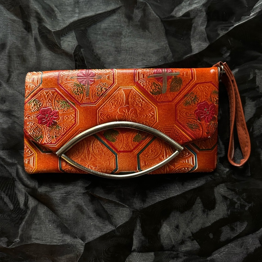 Tooled Leather Floral Clutch with Strap